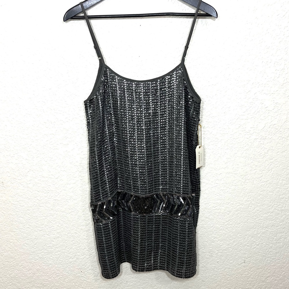 Forever 21 Sequin Beaded Mini Dress Retro Mod Flapper Silver Gray Size Small